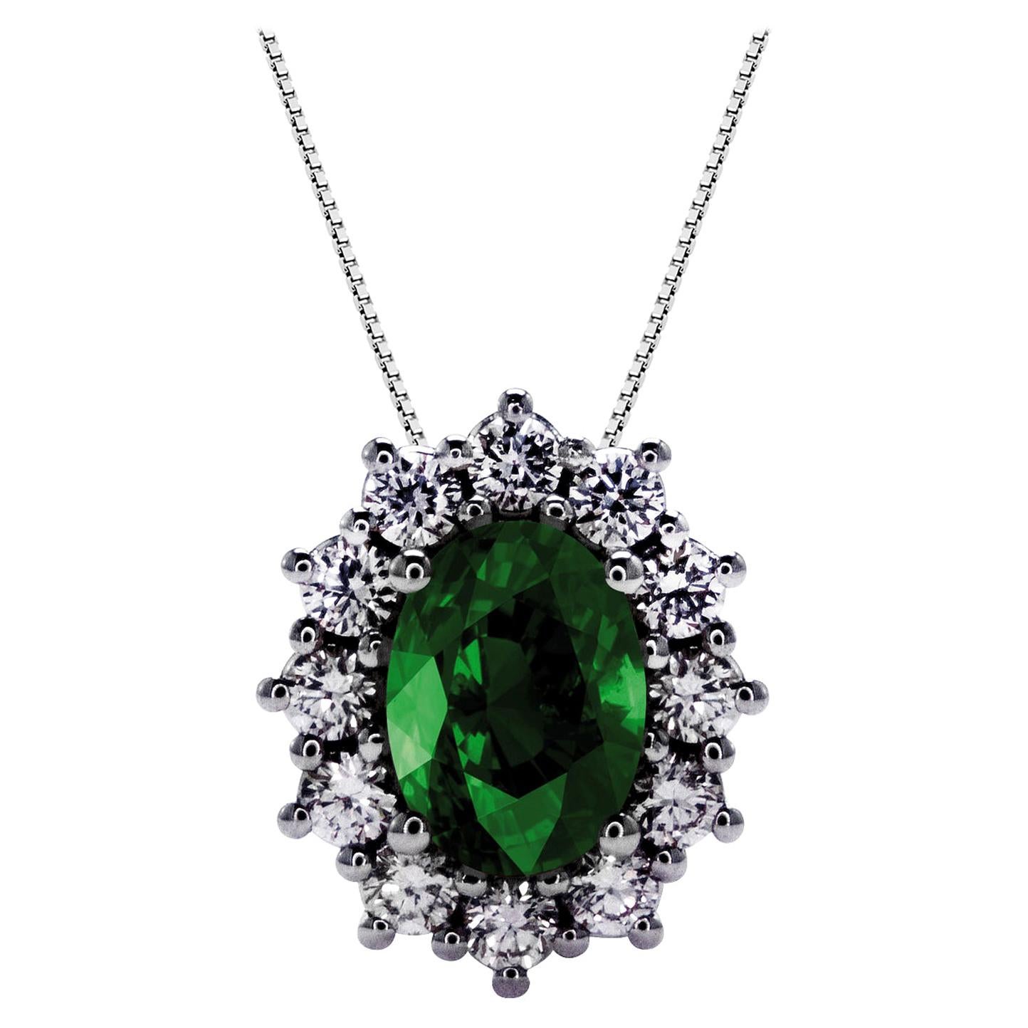 0.76 Carat Emerald and 0.36 Carat Diamonds in 18Kt White Gold Pendant Necklace