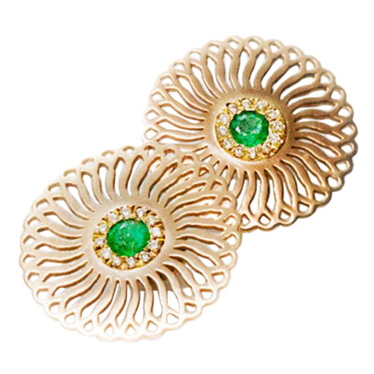 18 Karat Gold Emerald and Diamonds Sunflower Earrings
