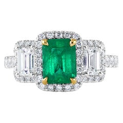 Emerald and Diamond White Gold Three Stone Ring