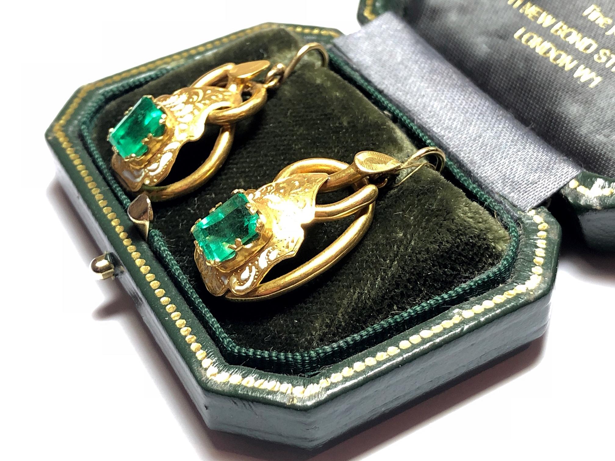 Victorian Emerald and Enamel Gold Earrings, circa 1880