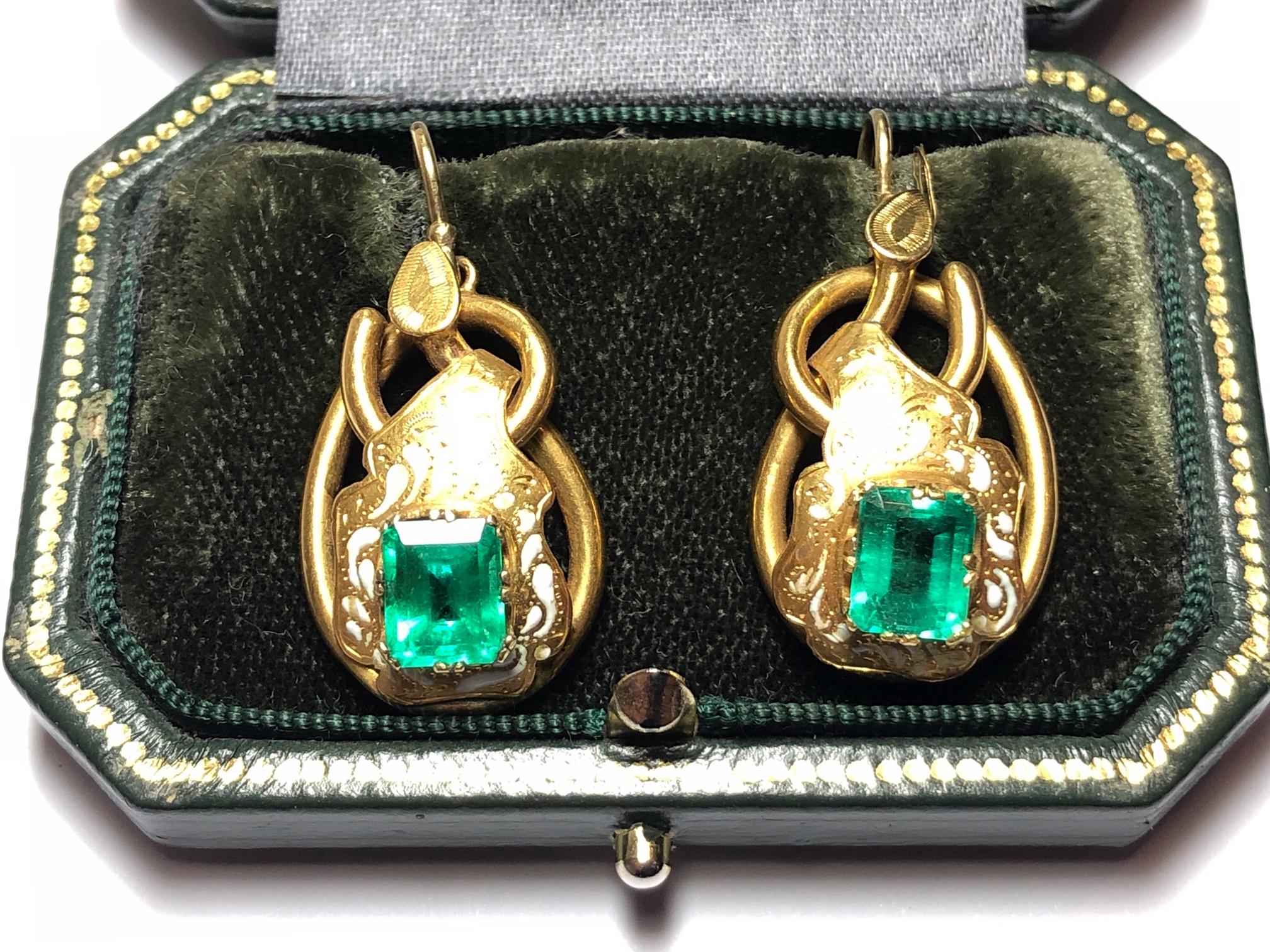 Emerald Cut Emerald and Enamel Gold Earrings, circa 1880
