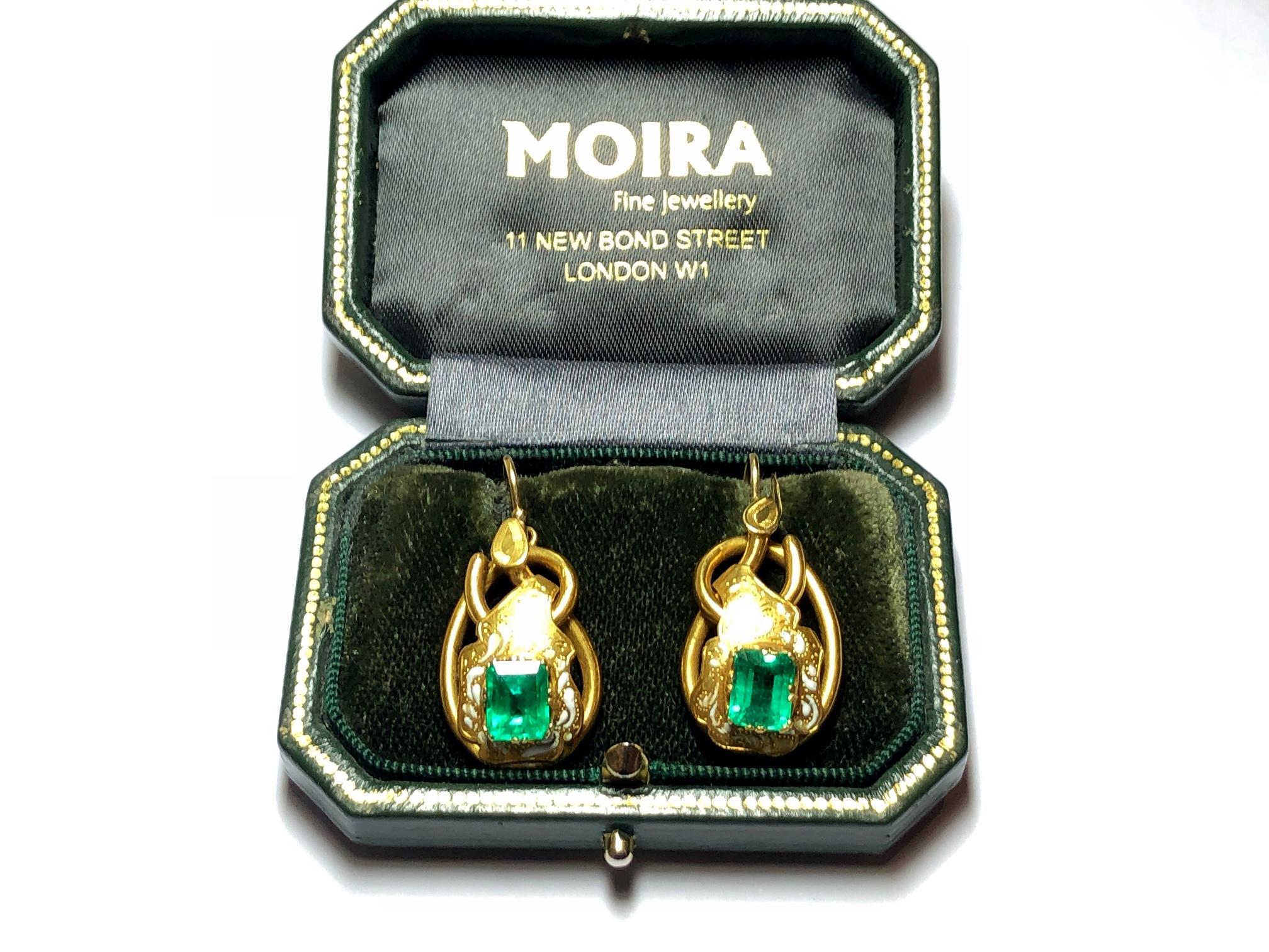 Emerald and Enamel Gold Earrings, circa 1880 In Good Condition In London, GB