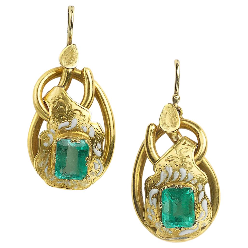 Emerald and Enamel Gold Earrings, circa 1880