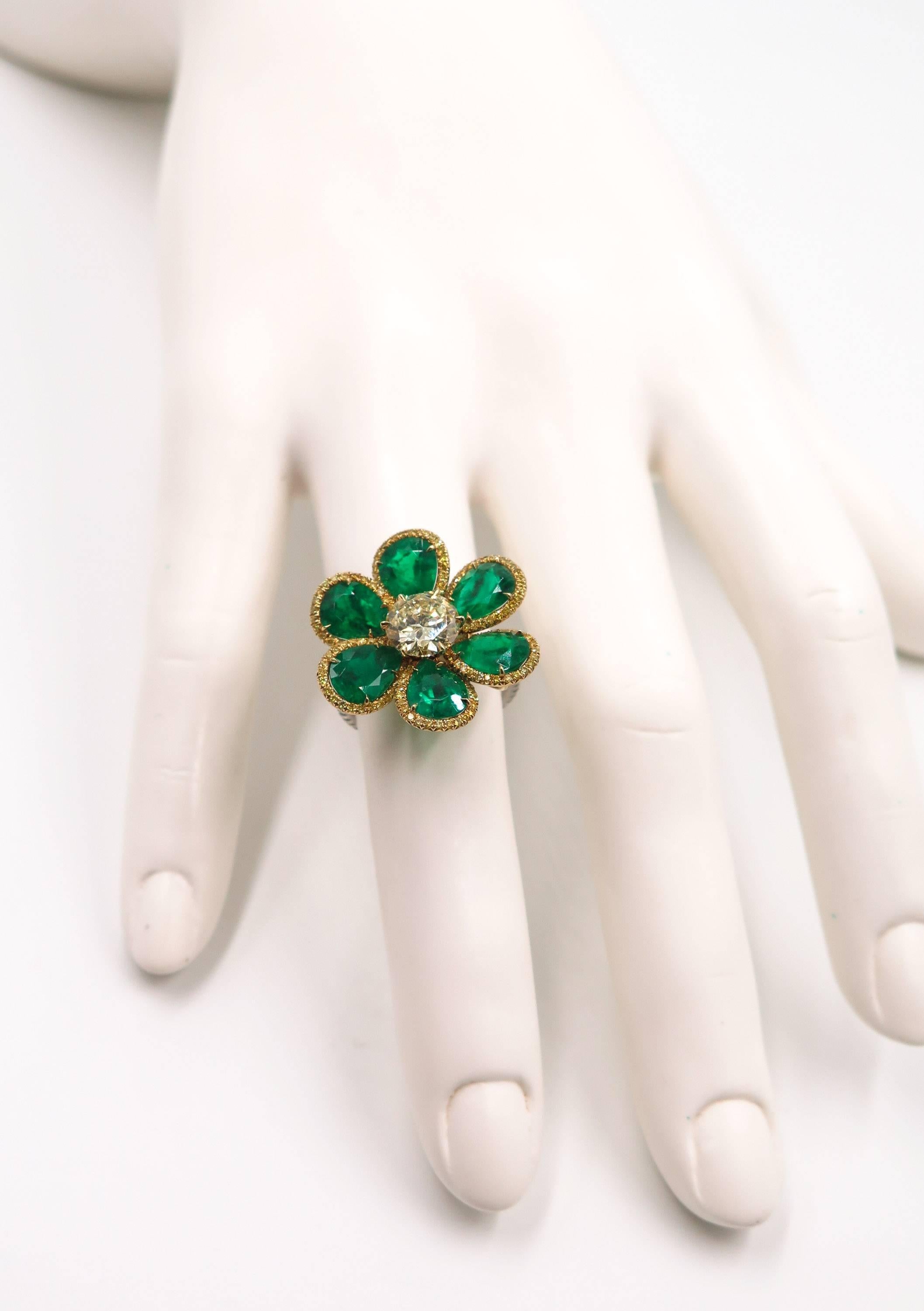 Women's Emerald and Fancy Yellow Diamond Flower Ring