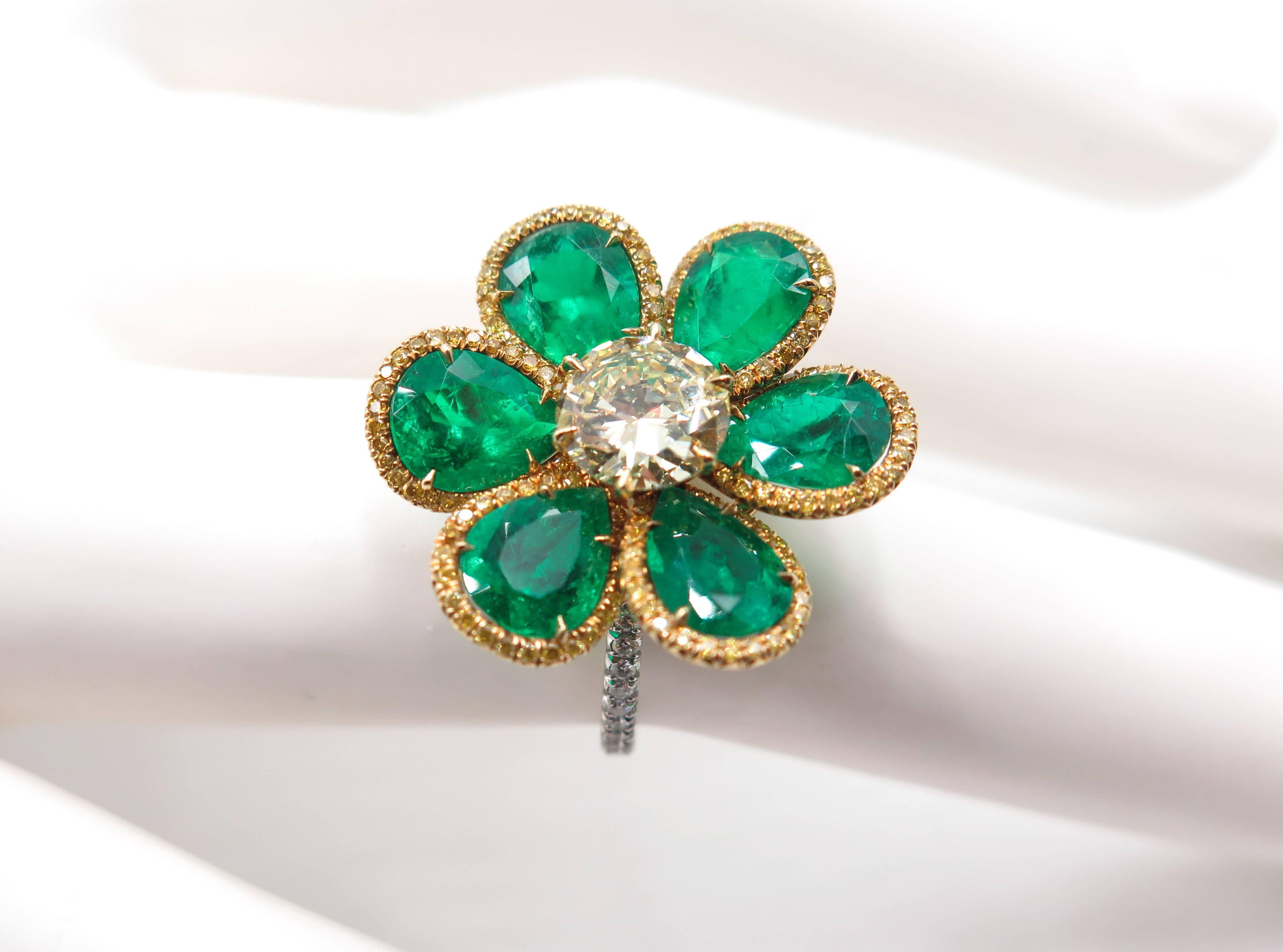 Emerald and Fancy Yellow Diamond Flower Ring 1