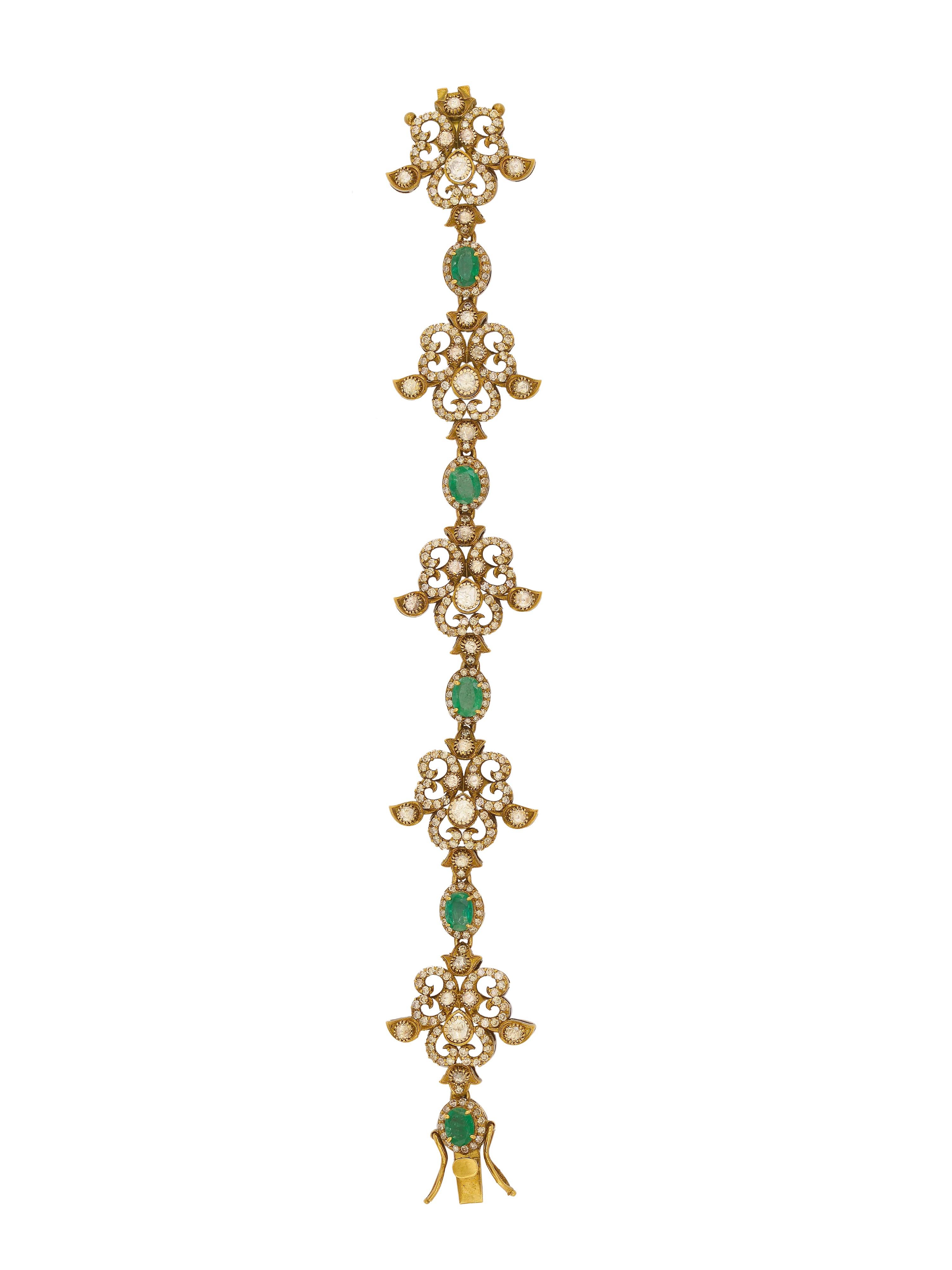 Art Déco Bracciale con smeraldo e diamanti piatti realizzato a mano in oro 14K in vendita