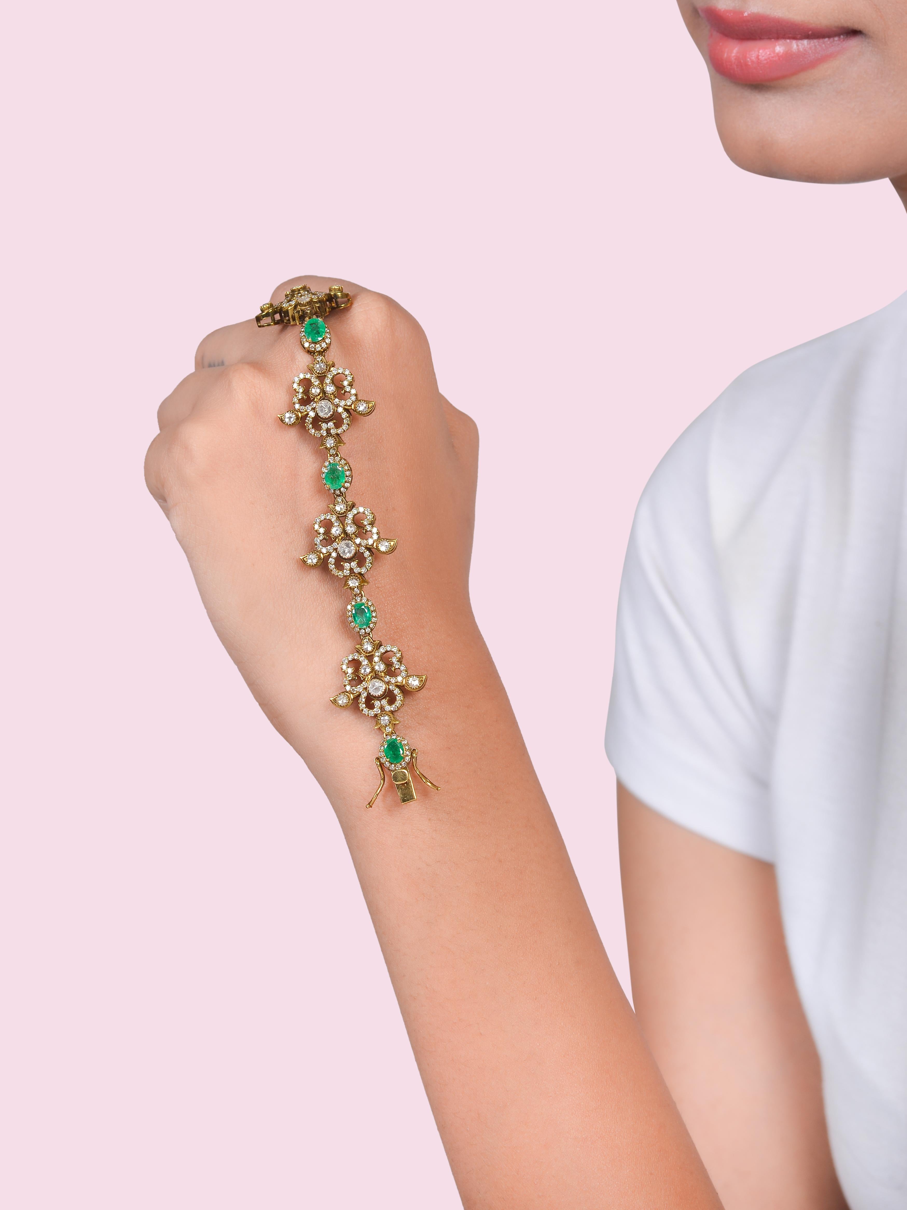 da uomo o donna Bracciale con smeraldo e diamanti piatti realizzato a mano in oro 14K in vendita