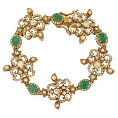 Bracciale con smeraldo e diamanti piatti realizzato a mano in oro 14K