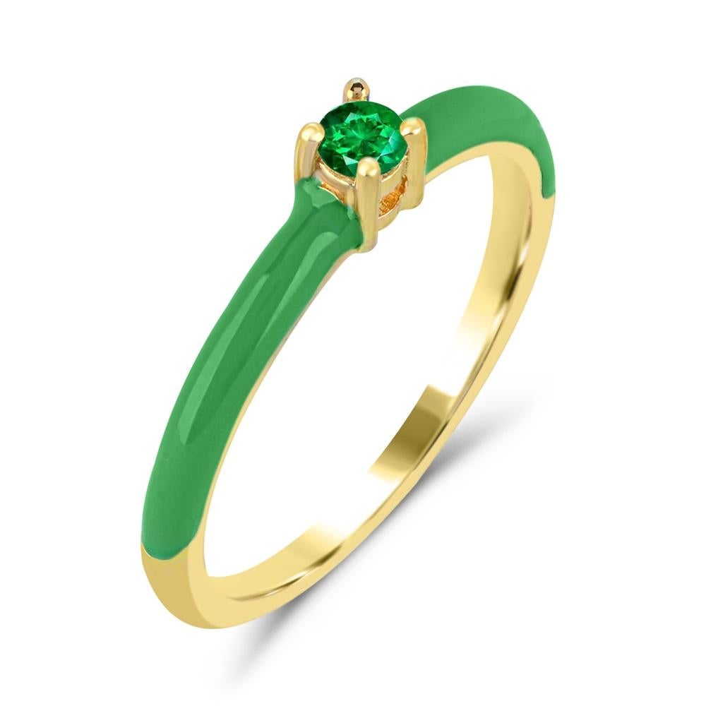 Contemporary Emerald and Green Enamel Slim Band Ring in 14K Yellow Gold over Sterling Silver For Sale