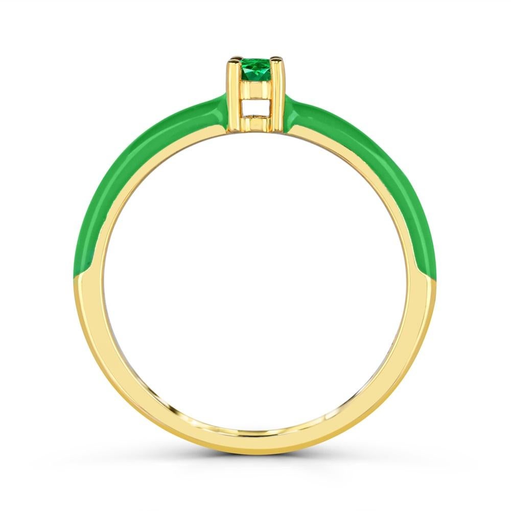 Round Cut Emerald and Green Enamel Slim Band Ring in 14K Yellow Gold over Sterling Silver For Sale