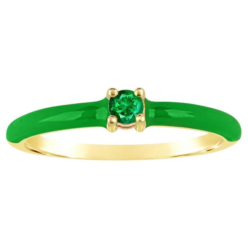 Emerald and Green Enamel Slim Band Ring in 14K Yellow Gold over Sterling Silver For Sale