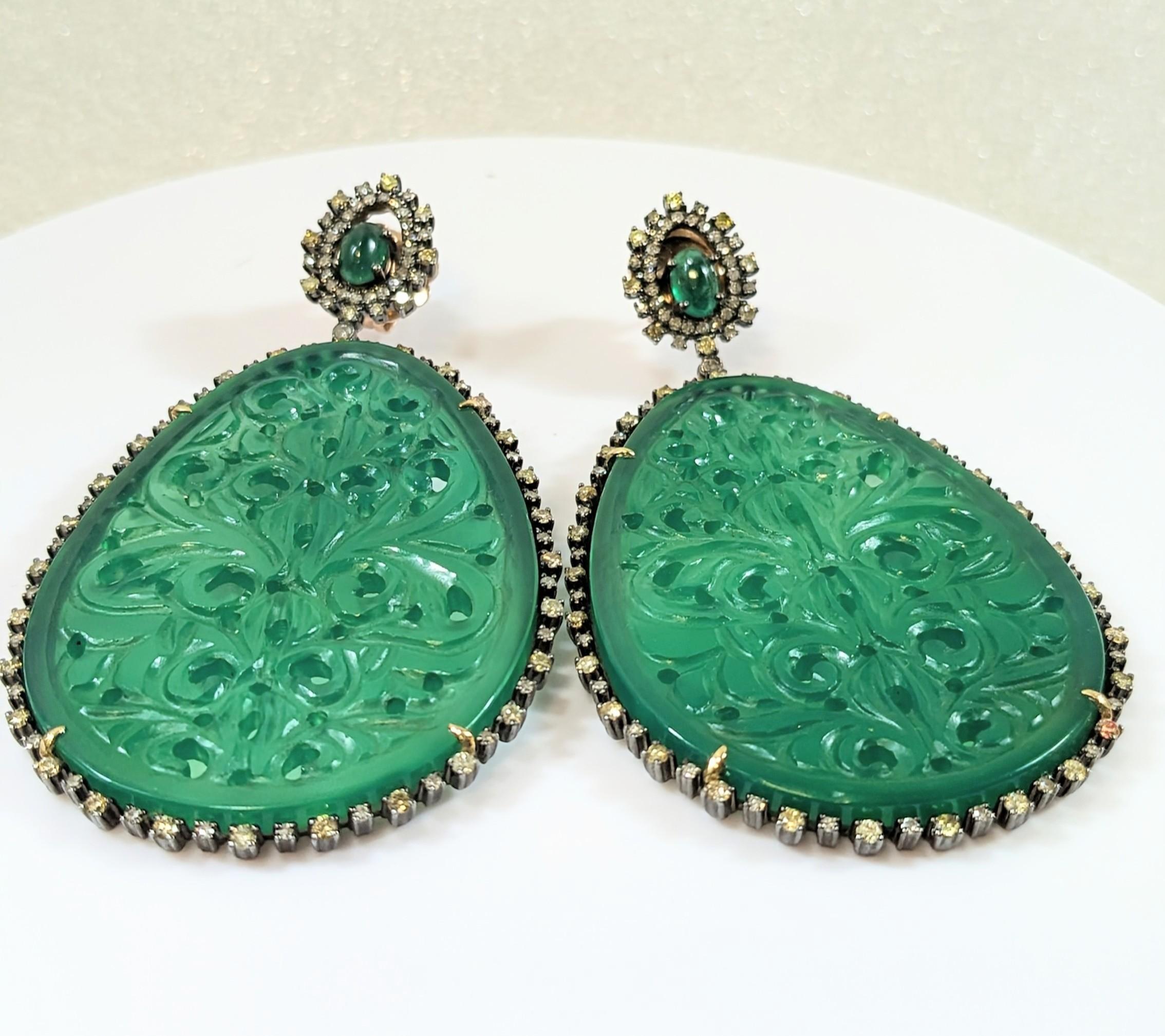 Emerald Cut Emerald and Green Onyx Earrings with Diamonds Mounted in 18k Gold and Silver For Sale
