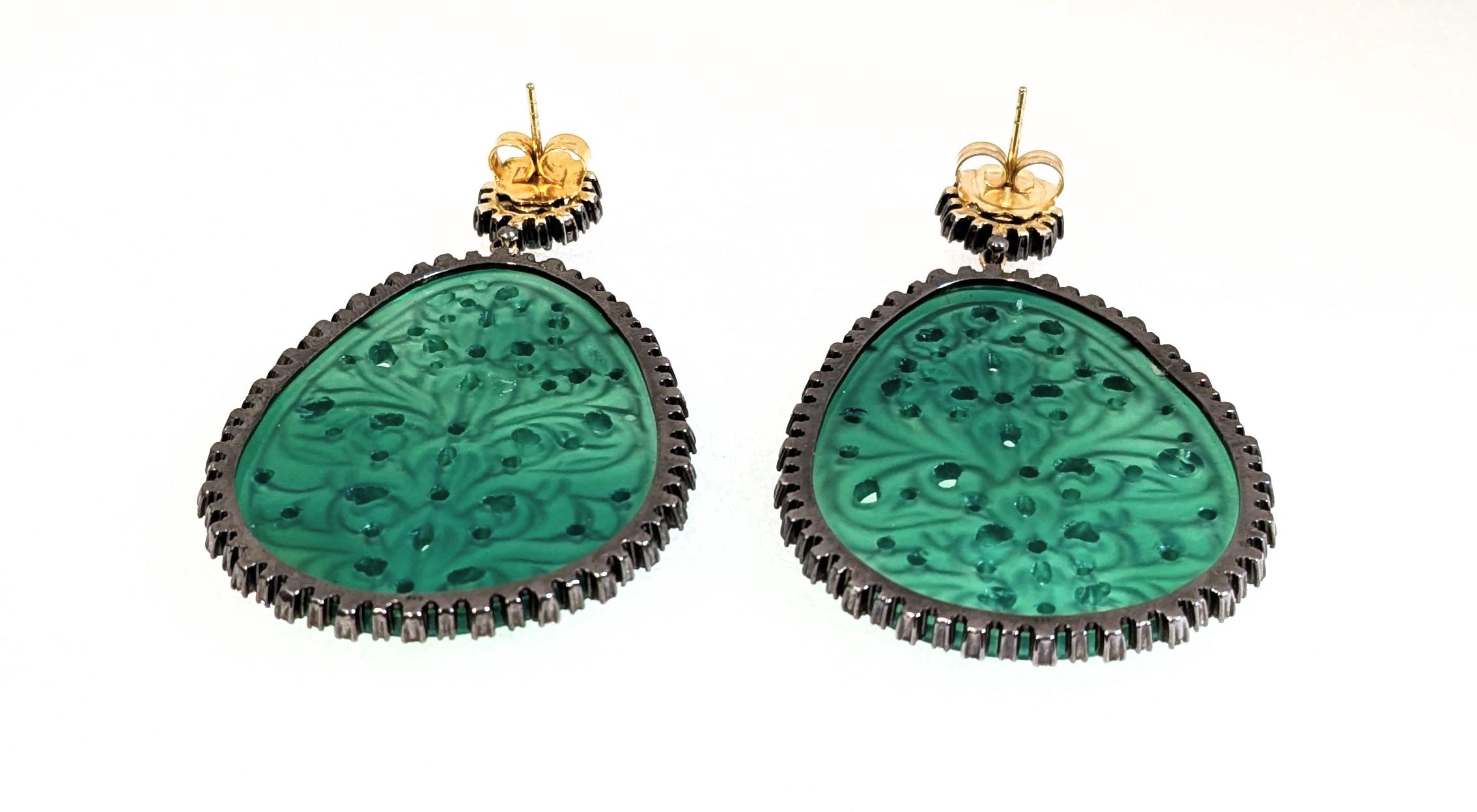 Contemporary Emerald and Green Onyx Earrings with Diamonds Mounted in 18k Gold and Silver For Sale