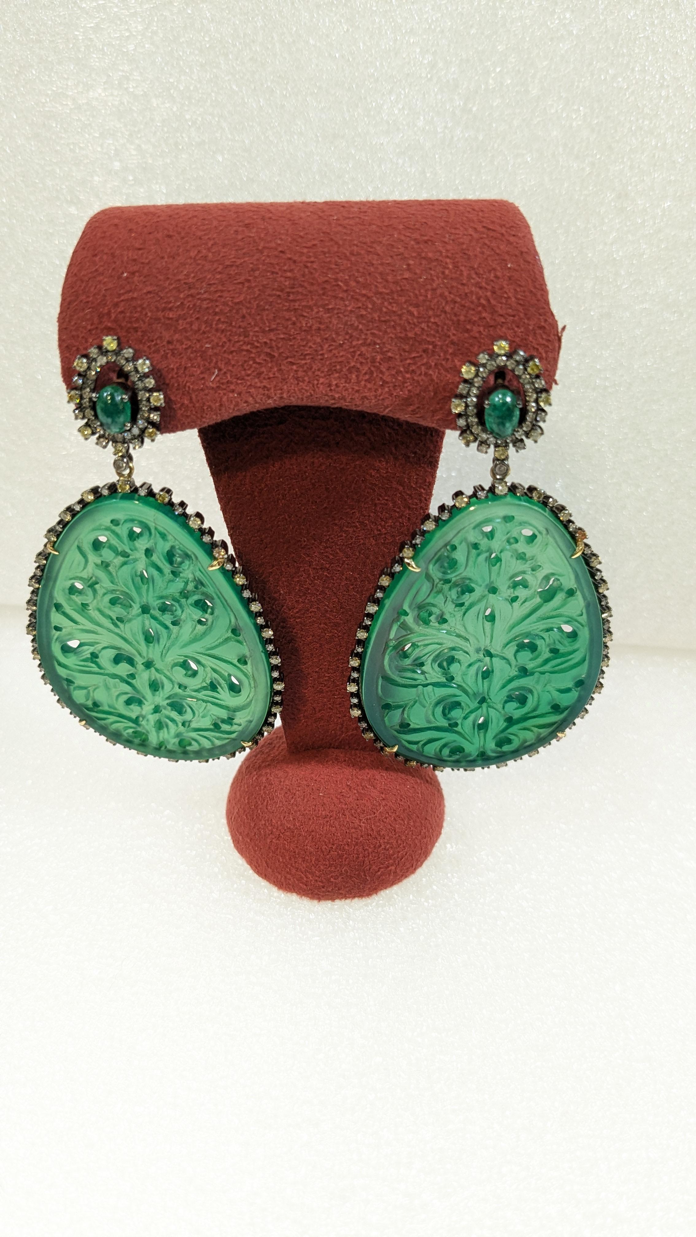 Women's Emerald and Green Onyx Earrings with Diamonds Mounted in 18k Gold and Silver For Sale
