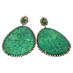 Emerald and Green Onyx Earrings with Diamonds Mounted in 18k Gold and Silver