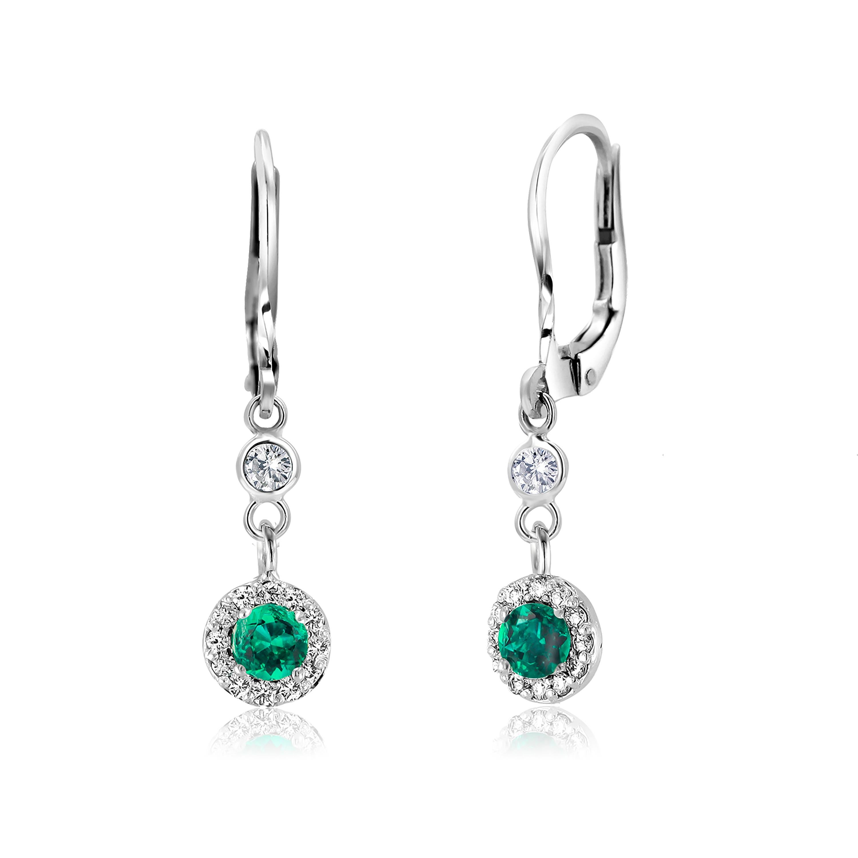 Round Cut Emerald and Halo Diamond LeverBack White Gold Hoop Drop Earrings