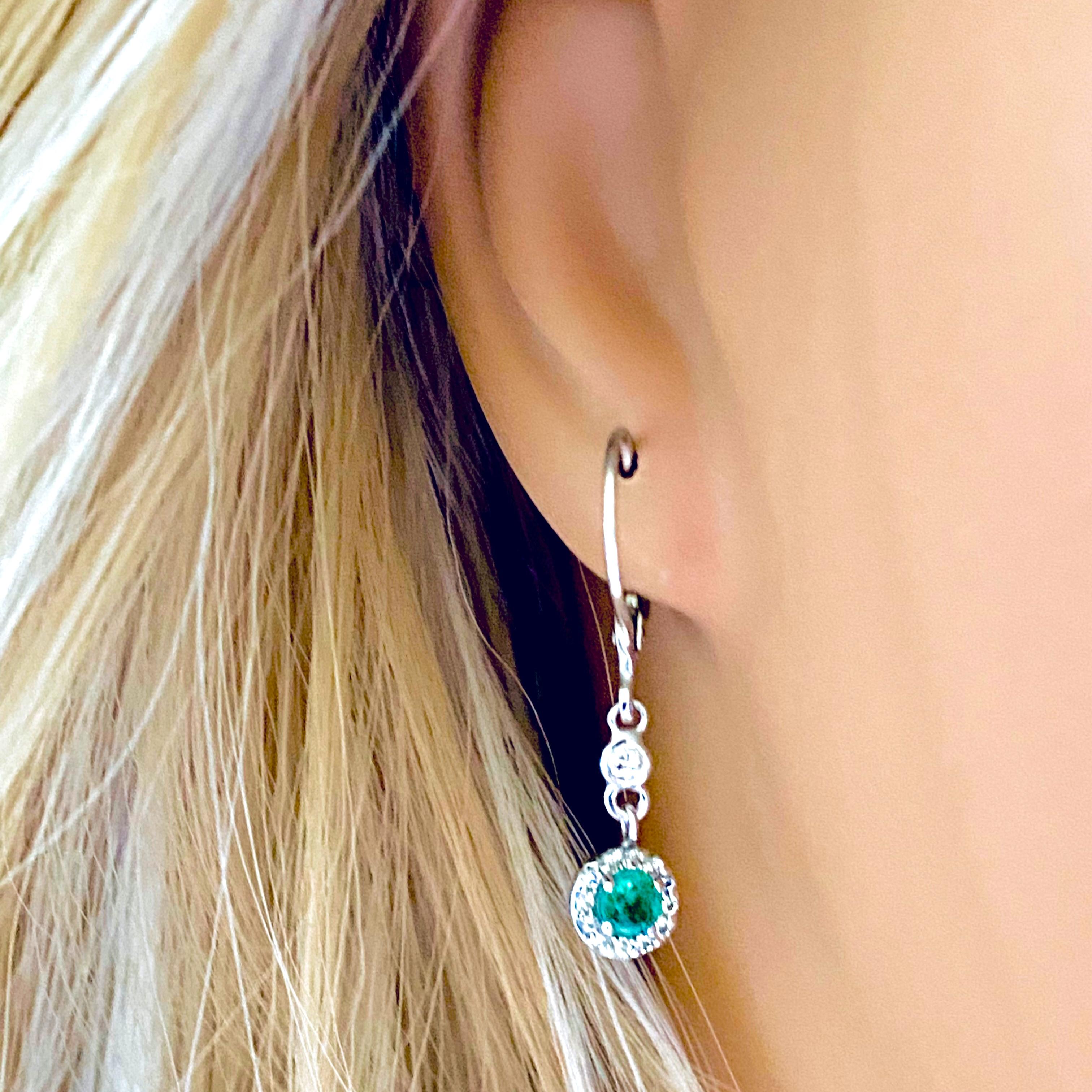 Contemporary Emerald and Halo Diamond LeverBack White Gold Hoop Drop Earrings