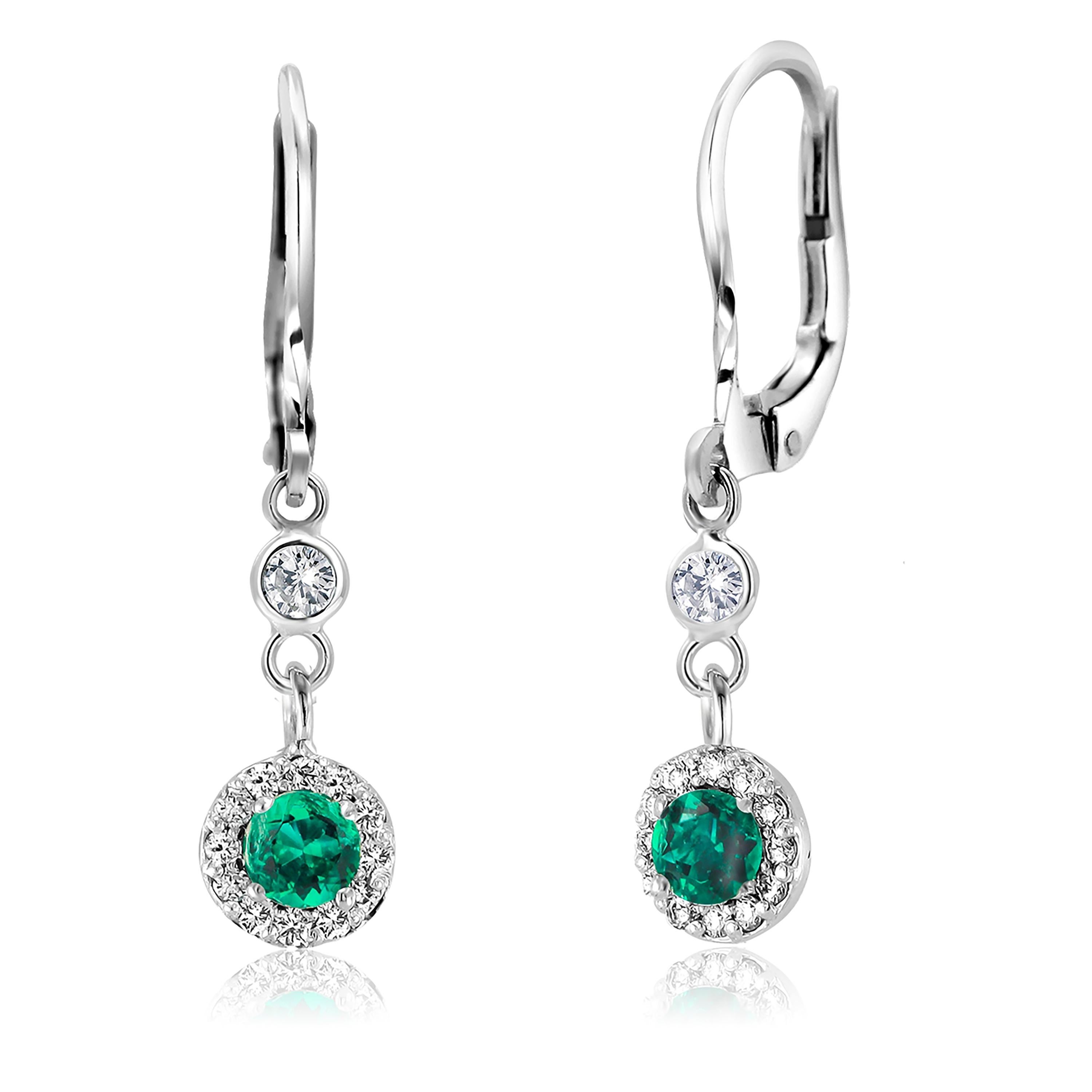Women's or Men's Emerald and Halo Diamond LeverBack White Gold Hoop Drop Earrings