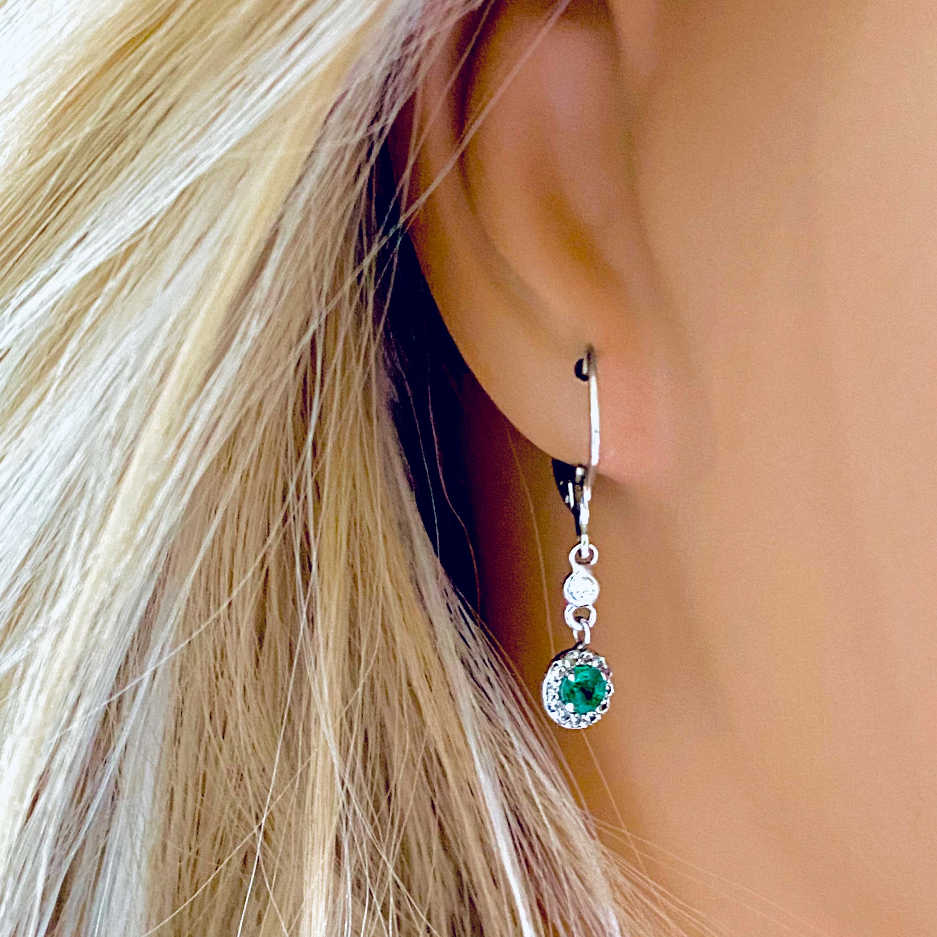 Emerald and Halo Diamond LeverBack White Gold Hoop Drop Earrings In New Condition In New York, NY