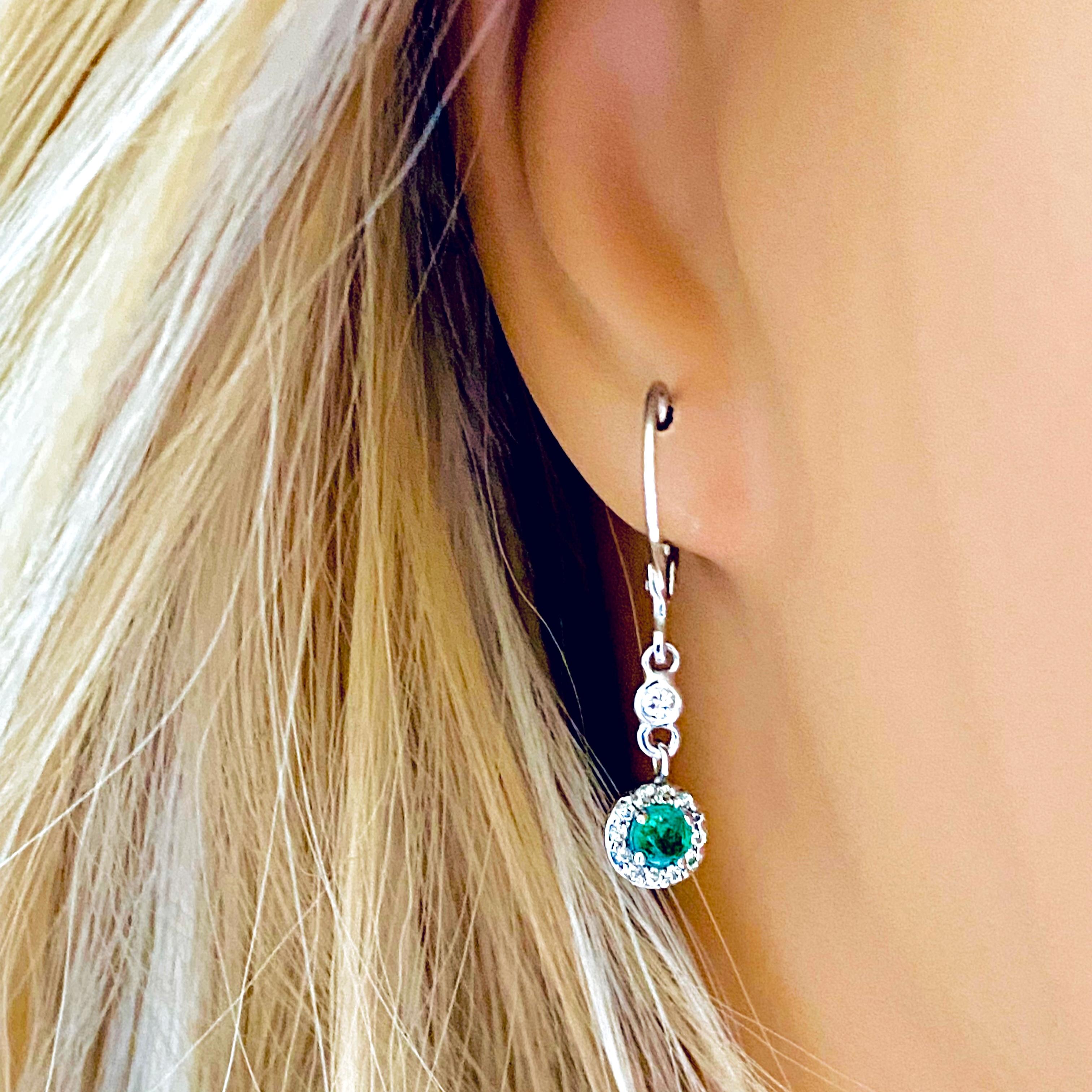 Emerald and Halo Diamond LeverBack White Gold Hoop Drop Earrings 1