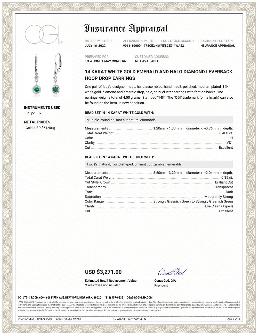 Fourteen karats white gold drop lever back hoop cluster earrings 
Diamonds weighing 0.40 carat
Emeralds weighing 0.35 carats 
Fine quality emerald hue tone color is of deep forest green
New Earrings
Handmade in the USA
Some gemstones are very hard