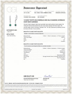 Emerald and Halo Diamond LeverBack White Gold Hoop Drop Earrings