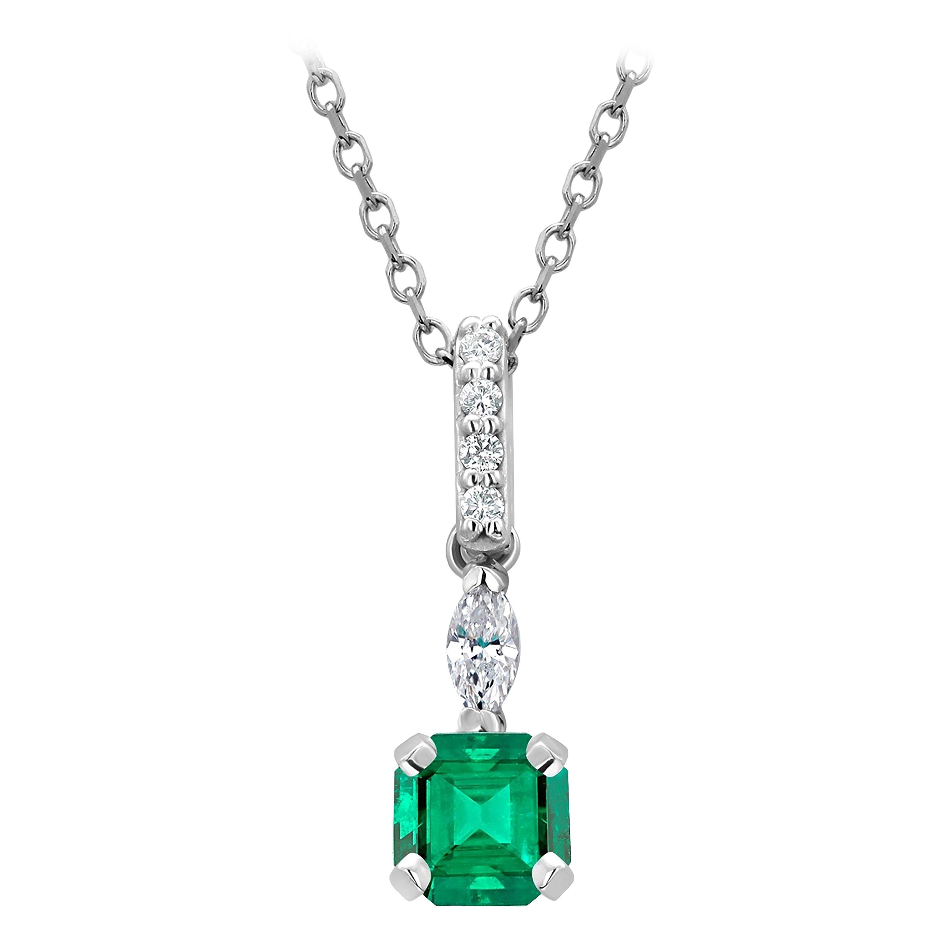 Emerald and Marquise Diamond and Diamond Bail Gold Drop Pendant Necklace