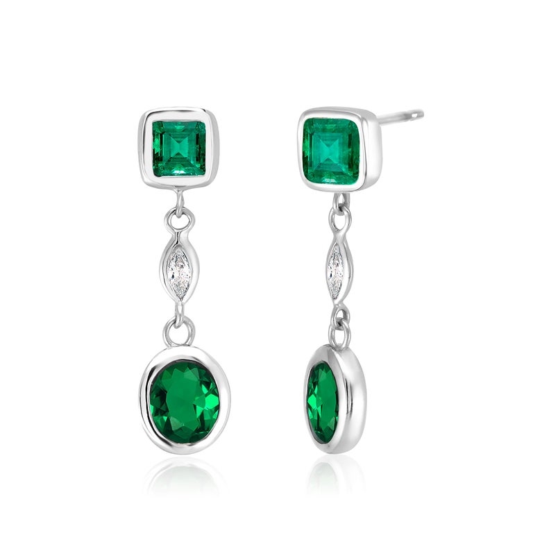 Oval Cut Emerald and Marquise Diamond White Gold Dangle Earrings  For Sale