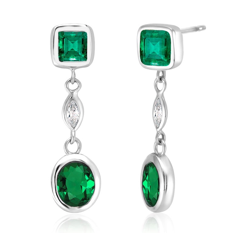Women's or Men's Emerald and Marquise Diamond White Gold Dangle Earrings  For Sale