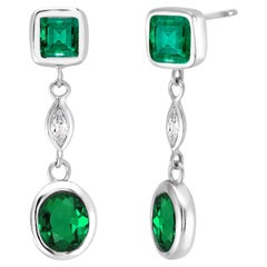 Emerald and Marquise Diamond White Gold Dangle Earrings 