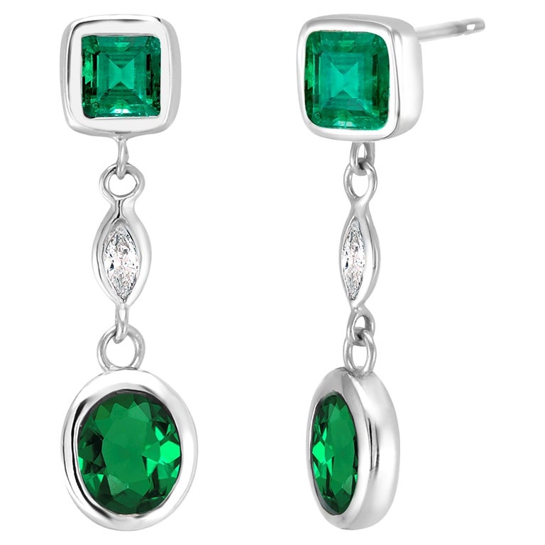 Emerald and Marquise Diamond White Gold Dangle Earrings  For Sale