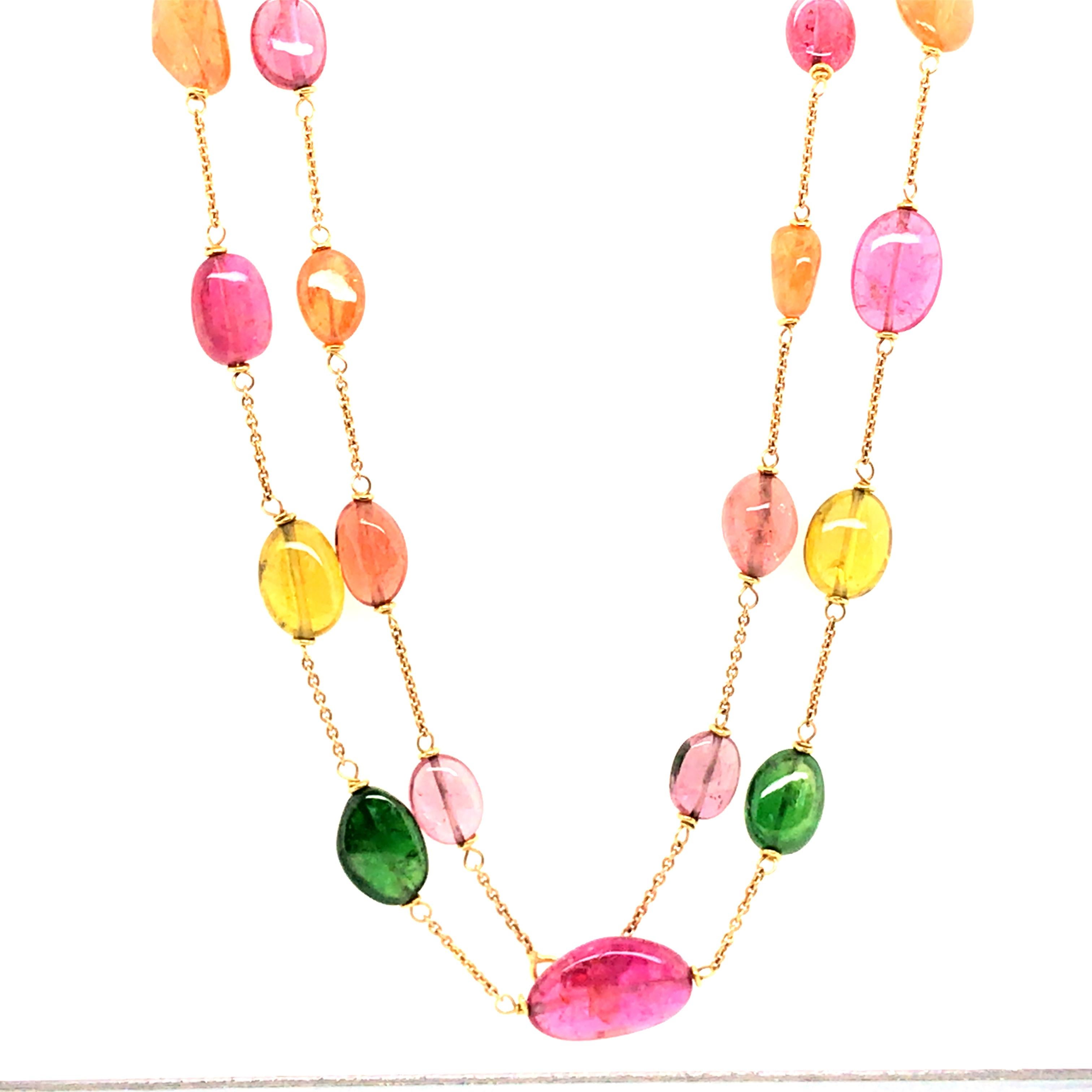 Emerald and Multicolored Tourmaline Necklace in 18 Karat Yellow Gold In Good Condition In Boca Raton, FL