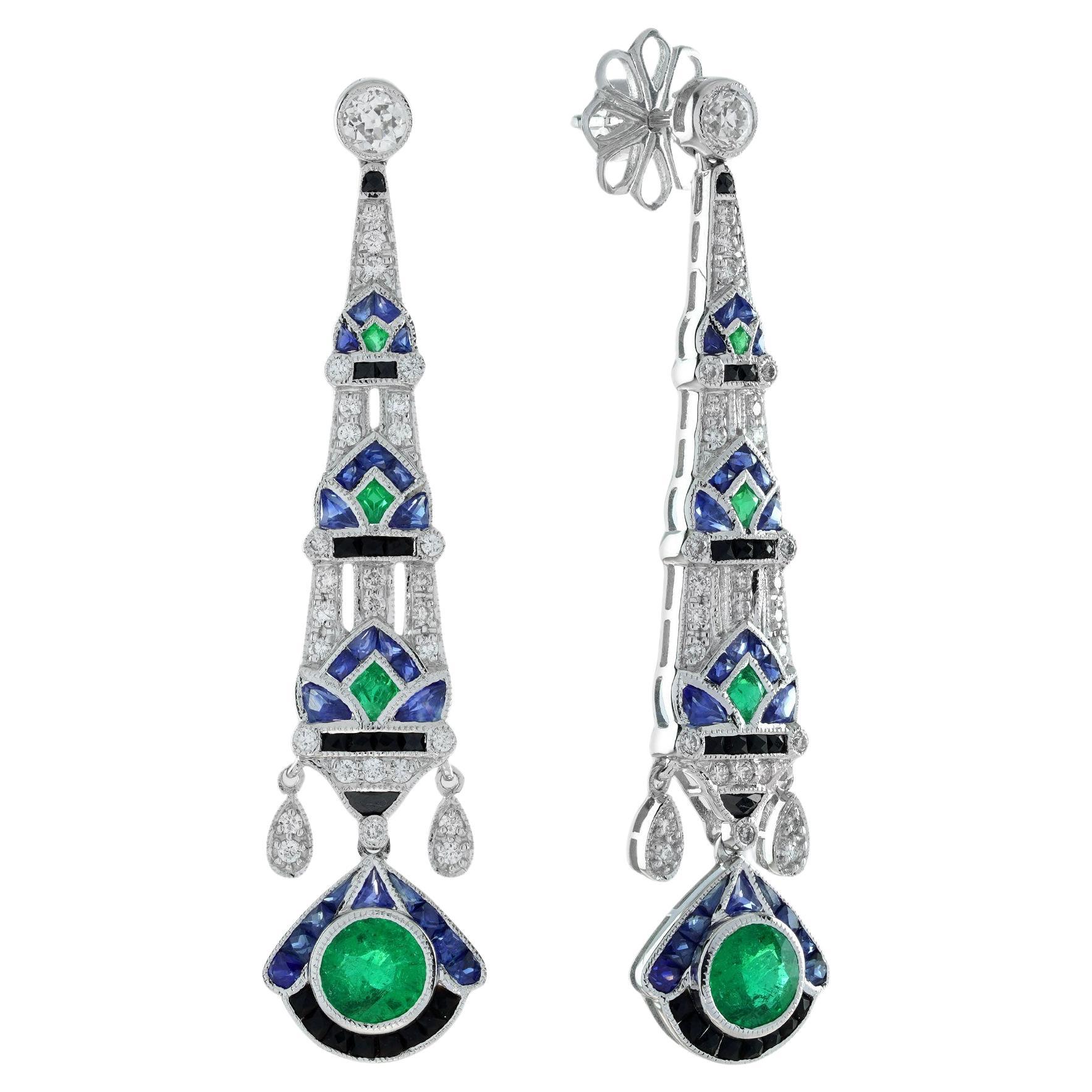 Emerald and Multi Gemstone Art Deco Style Drop Earrings in 18K Gold