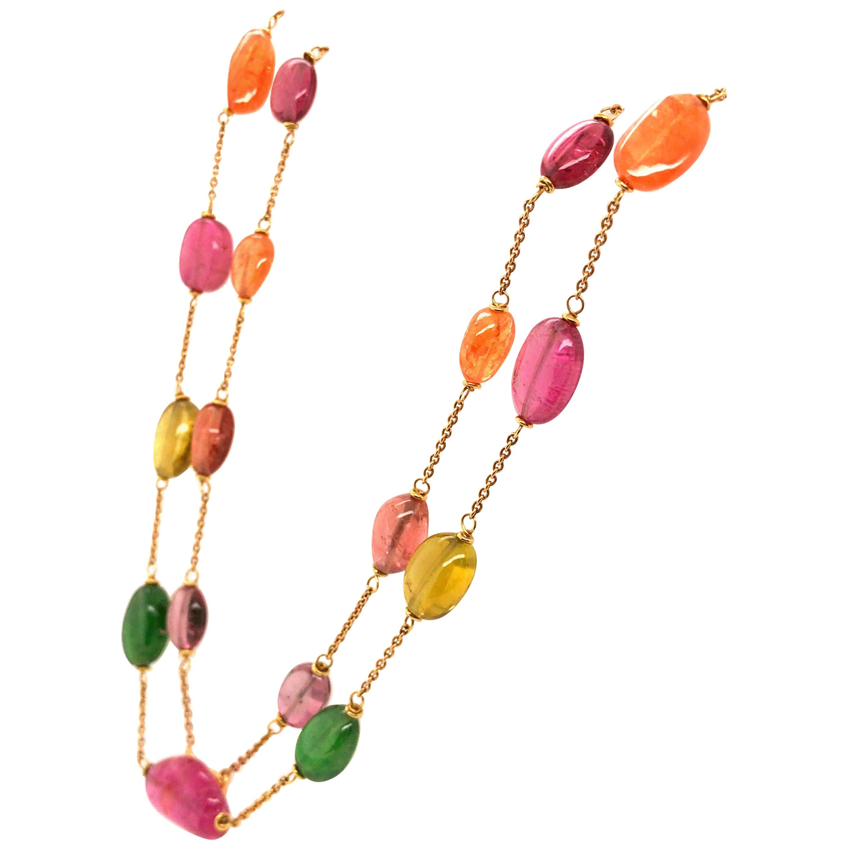 Emerald and Multicolored Tourmaline Necklace in 18 Karat Yellow Gold