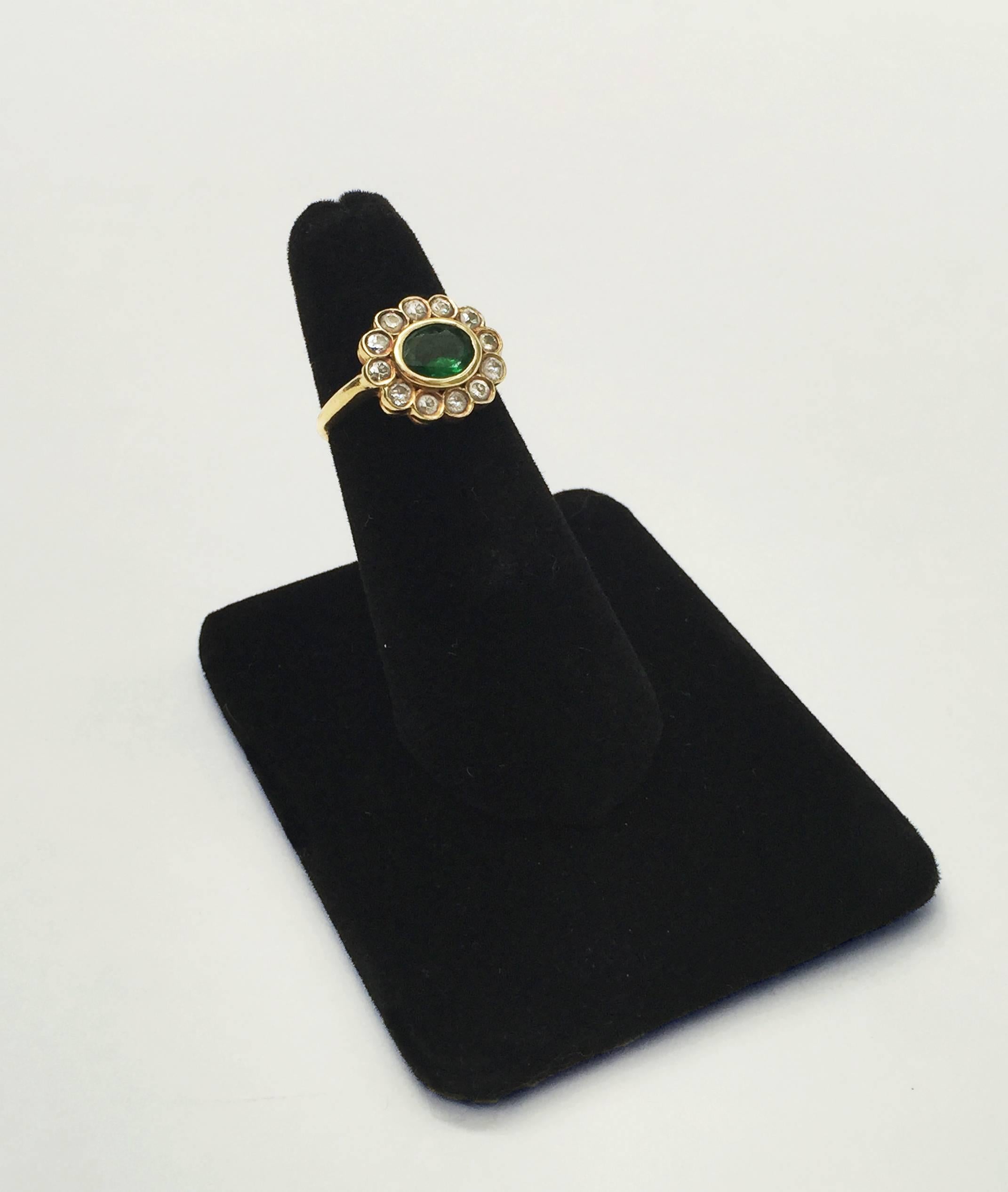 Emerald and Old Cut Diamond 18 Karat Yellow Gold Ring 2