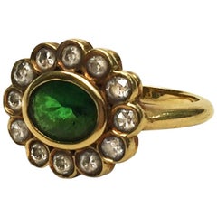 Emerald and Old Cut Diamond 18 Karat Yellow Gold Ring