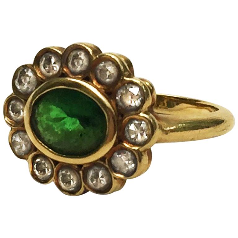 Marina J Emerald and Old Cut Diamond 18K Yellow Gold Ring