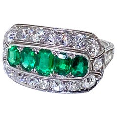 Emerald and Old European Cut Diamond Platinum Ring