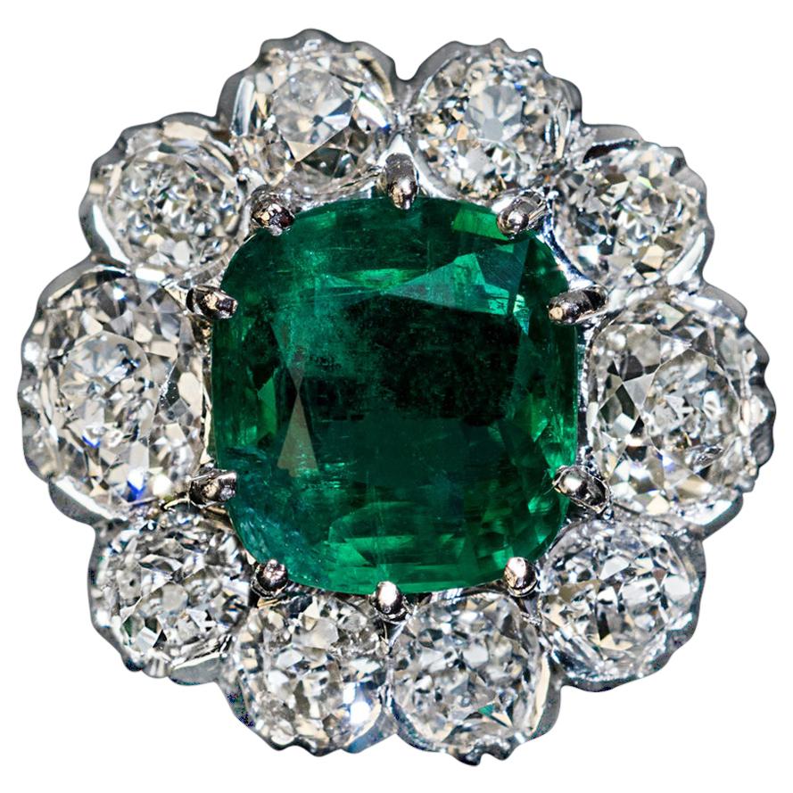Emerald and Old Mine Cut Diamond Engagement Ring, 1950s