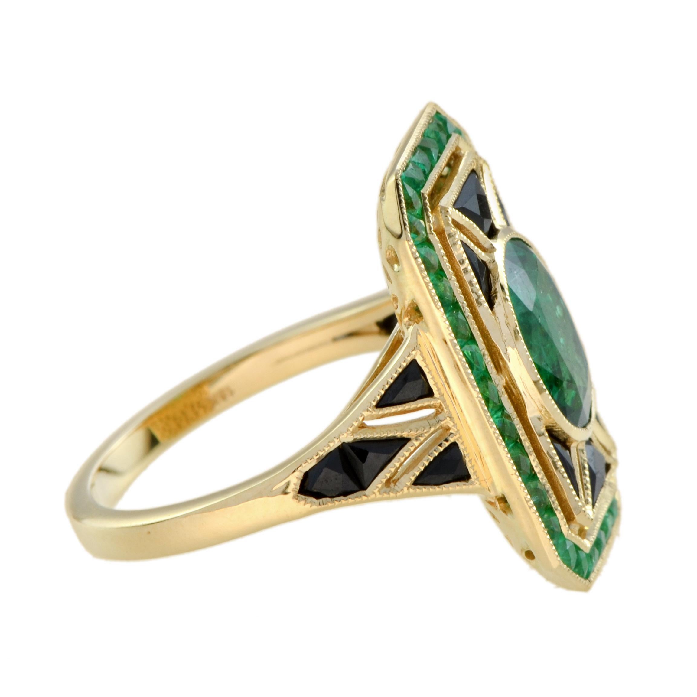 Women's or Men's Emerald and Onyx Art Deco Style Ring in 18k Yellow Gold