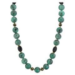 Emerald and Onyx Beaded Station Necklace with 18k and 22k Yellow Gold Accents