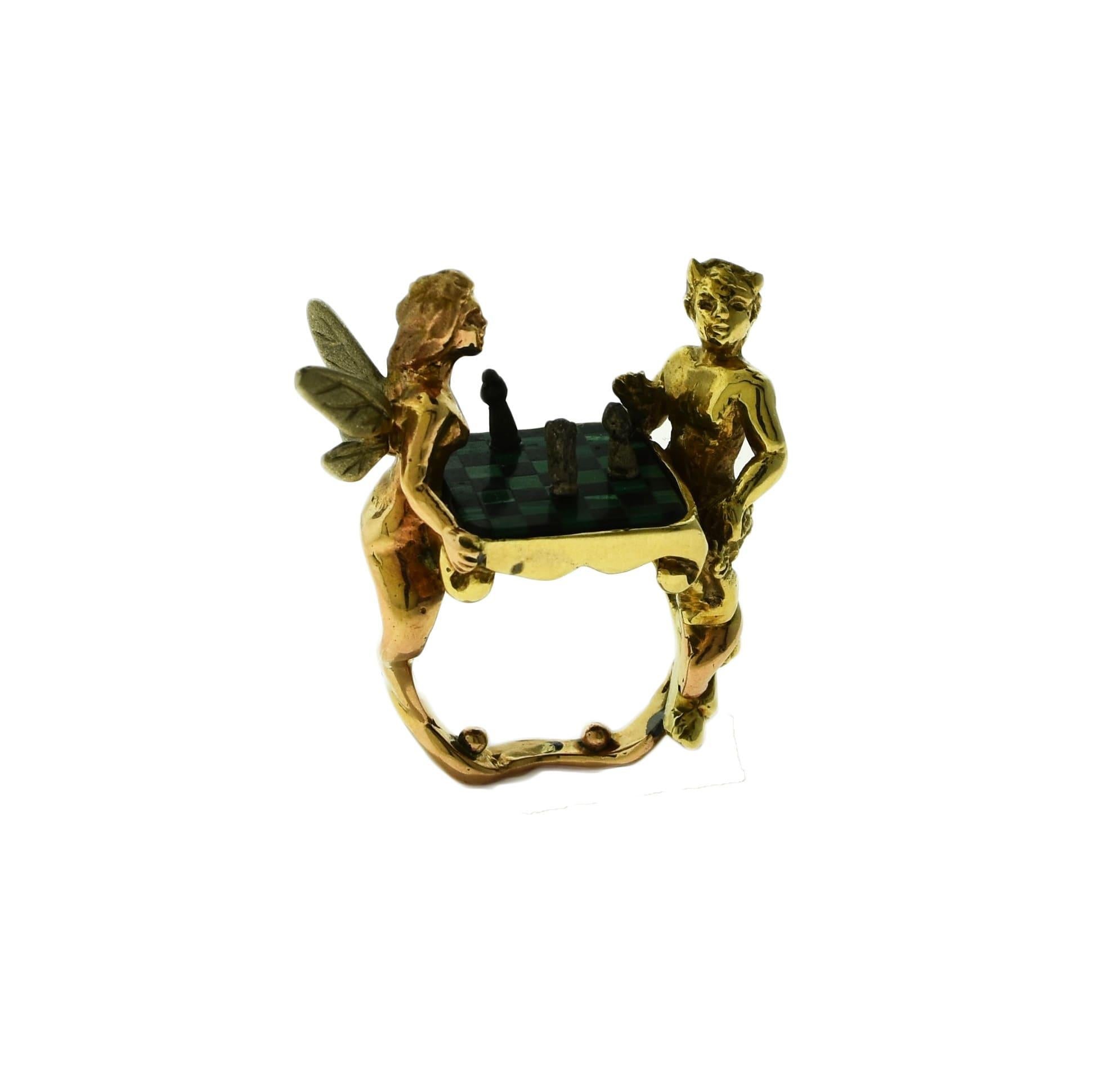 Women's or Men's Emerald and Onyx Fairy Chess in Yellow and Rose Gold Cocktail Ring