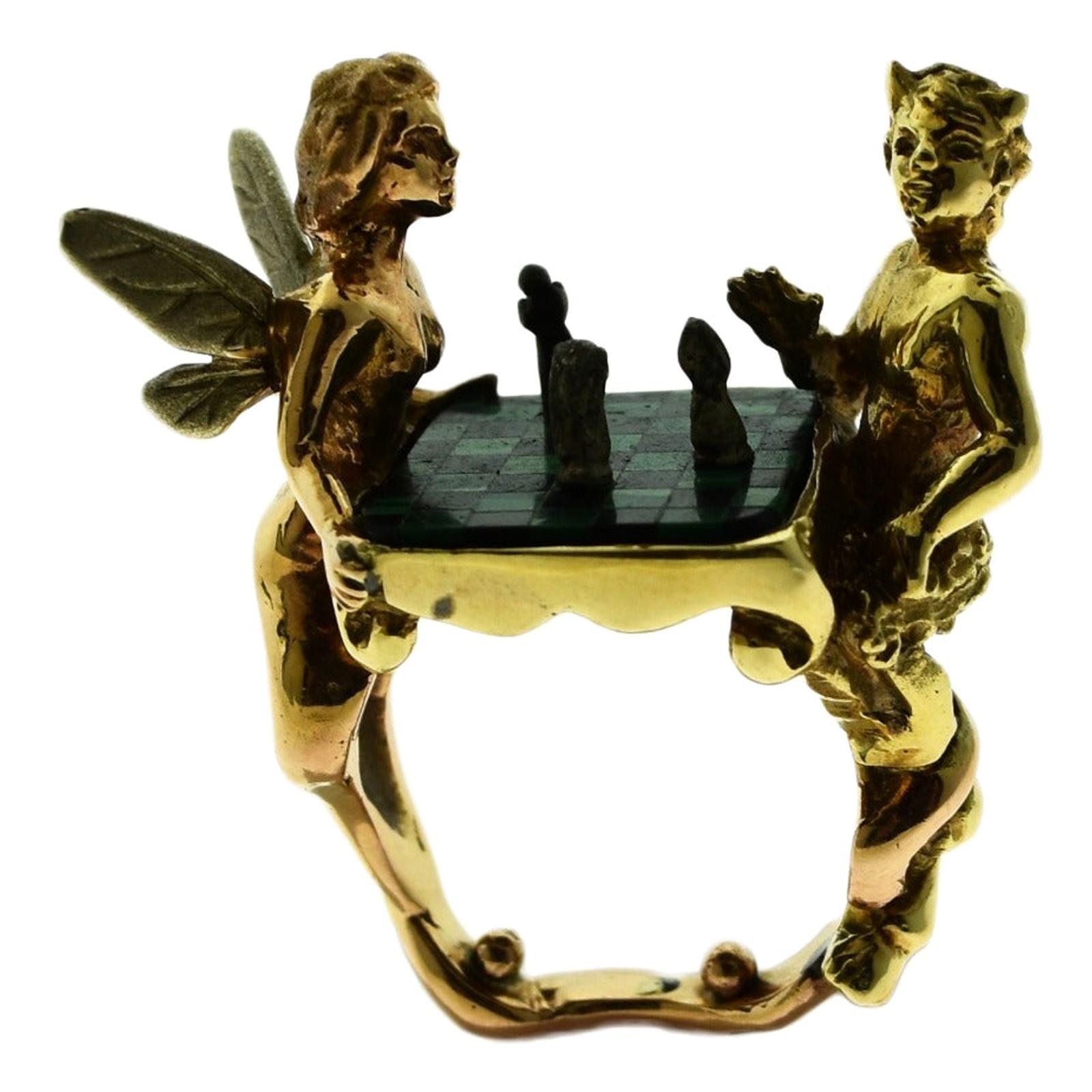 Emerald and Onyx Fairy Chess in Yellow and Rose Gold Cocktail Ring