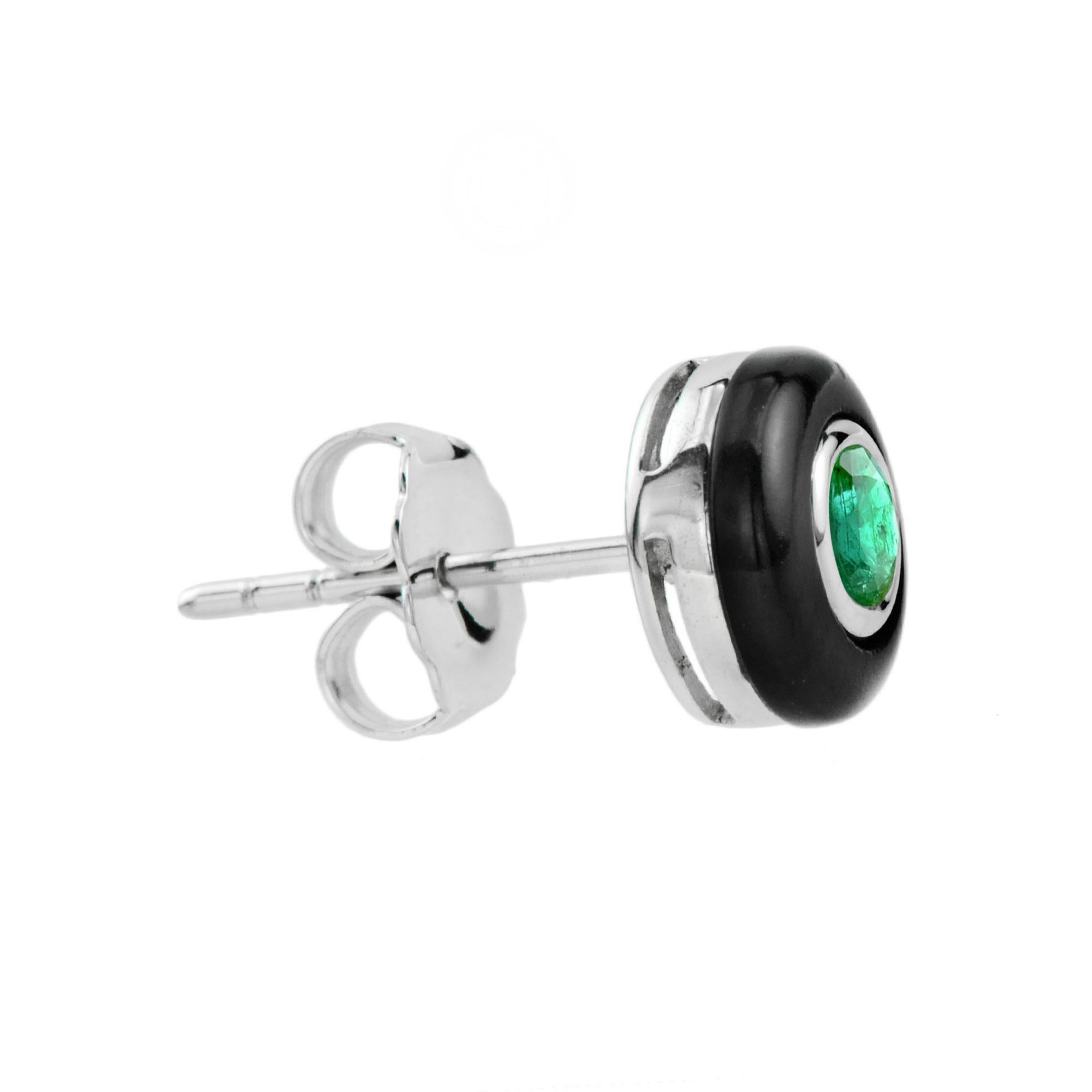 Art Deco Emerald and Onyx Halo Antique Style Stud Earrings in 14K White Gold For Sale