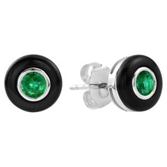 Smaragd und Onyx Halo-Ohrstecker im antiken Stil aus 14K Weißgold