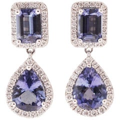 Emerald and Oval Shaped Tanzanite and Diamond Drop Earrings in 18 Karat Gold