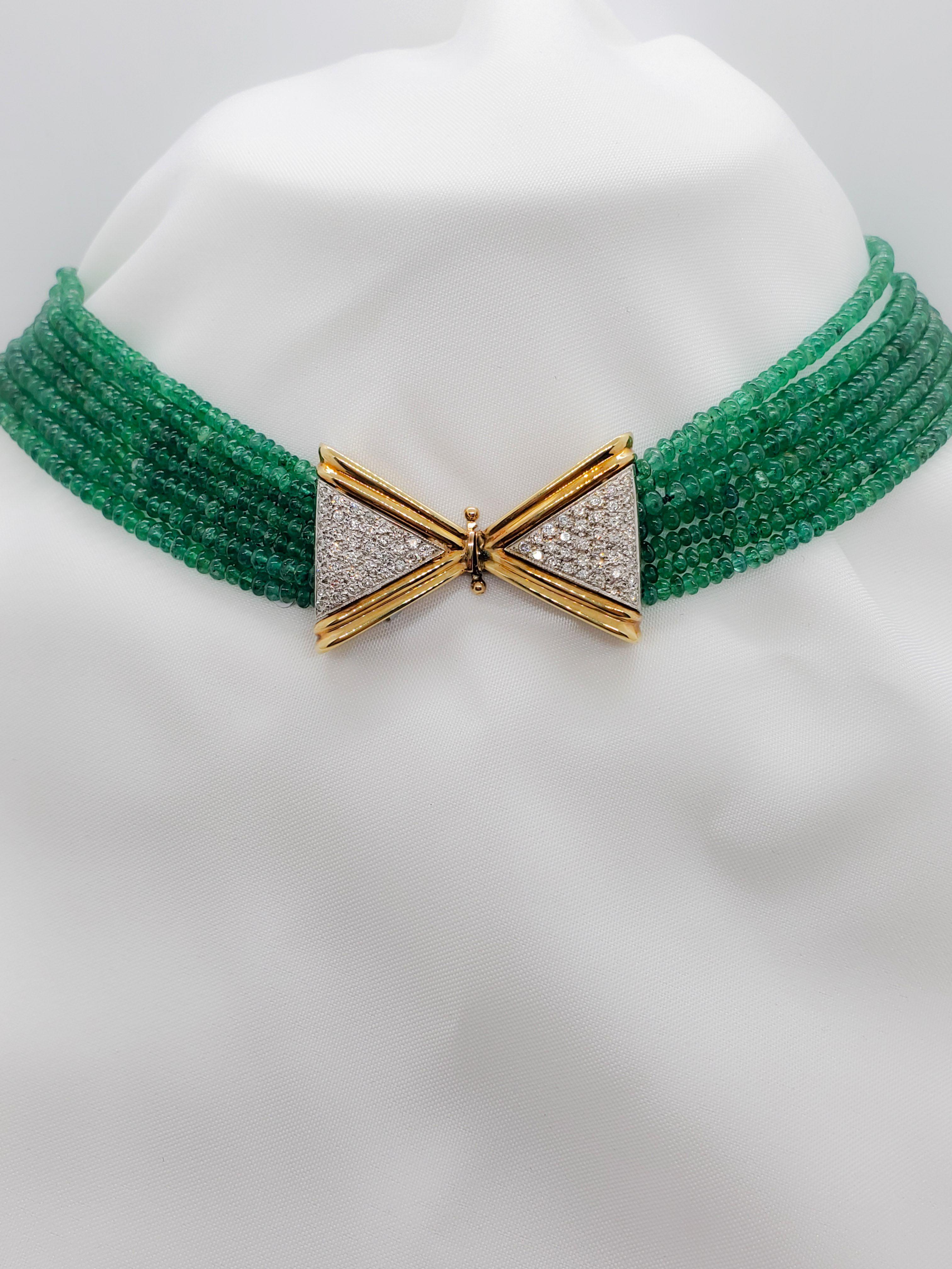 Estate  Emerald &  0.65ctw Pave Diamond 14K Yellow Gold Necklace 7 Strands Em Beads Bow Clasp Approx.Wt.
