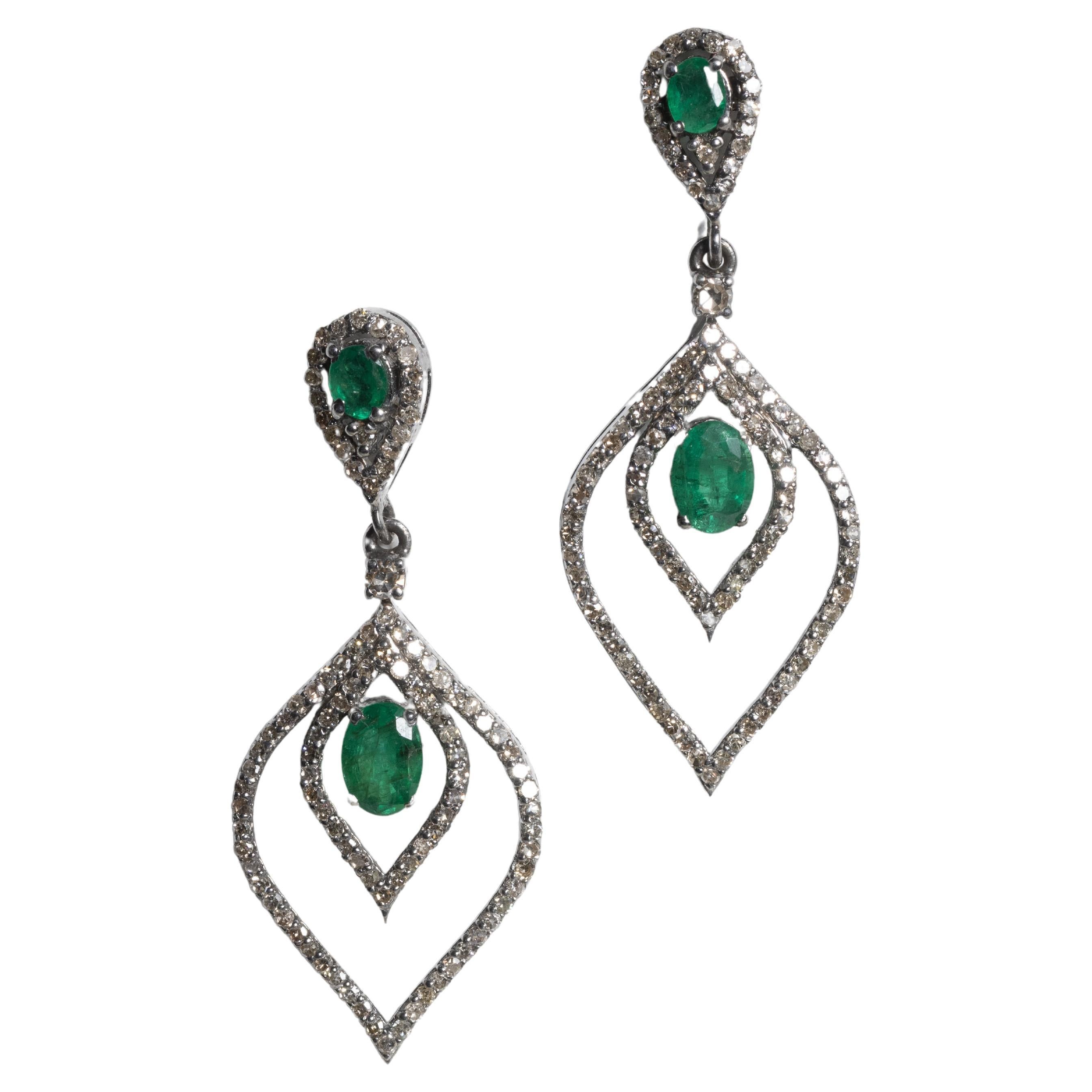 Emerald and Pave` Diamond Tear Drop Dangle Earrings