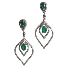Emerald and Pave` Diamond Tear Drop Dangle Earrings