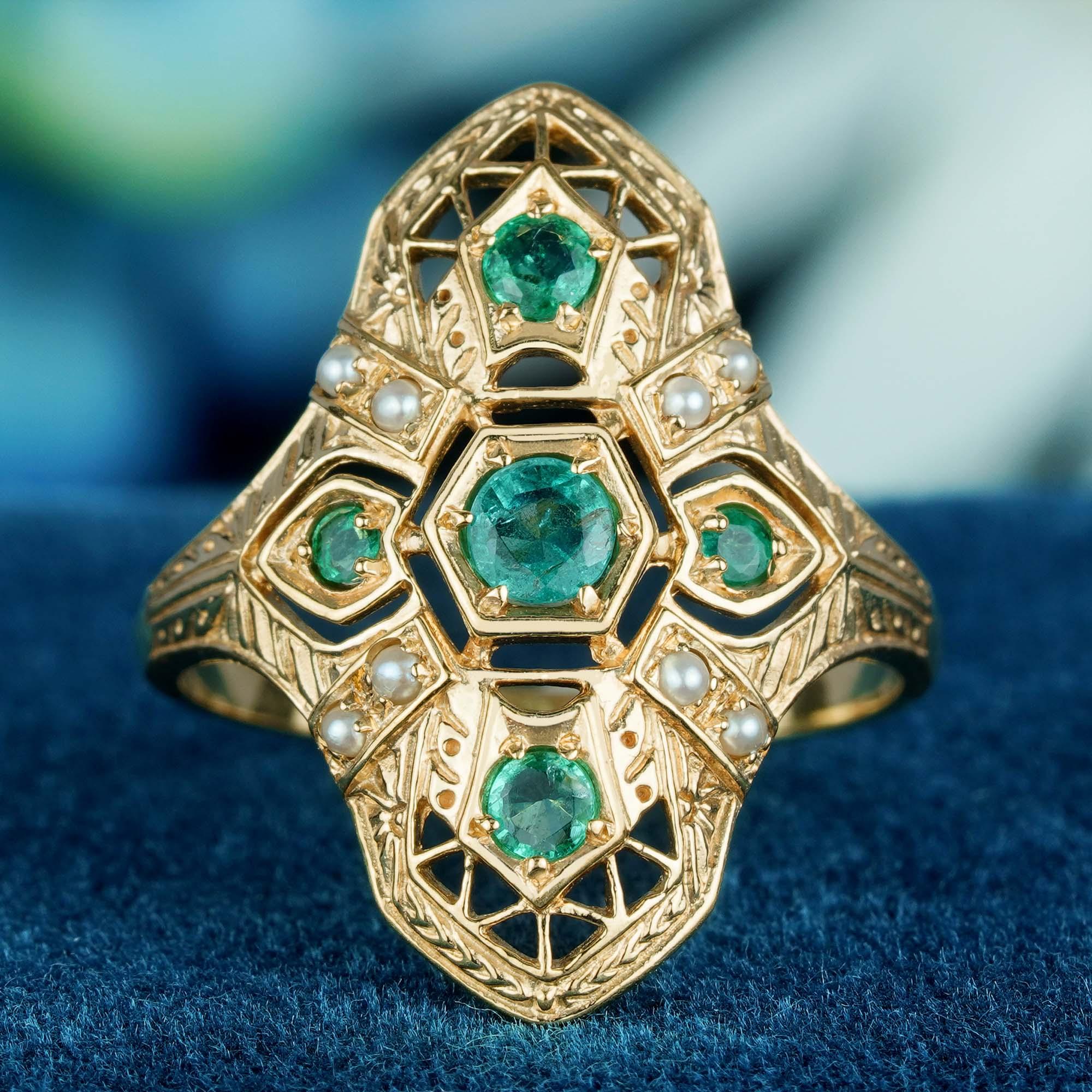 Art Deco Emerald and Pearl Art deco Style Geometric Three Stone Ring in 14K Gold For Sale